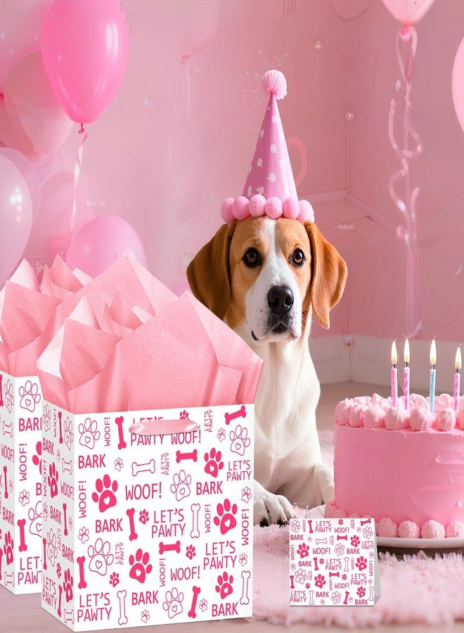 Woosytoo Pink Dog Paw Print Birthday Gift Bags Pet Birthday Party Decoration Puppy Favors Goodie Bag with Card Tissue Paper Let's Pawty Party Decorations Pink Dog Paw Wrapping Paper Bag for Boys Girls Pet Bday Decor - Image 3